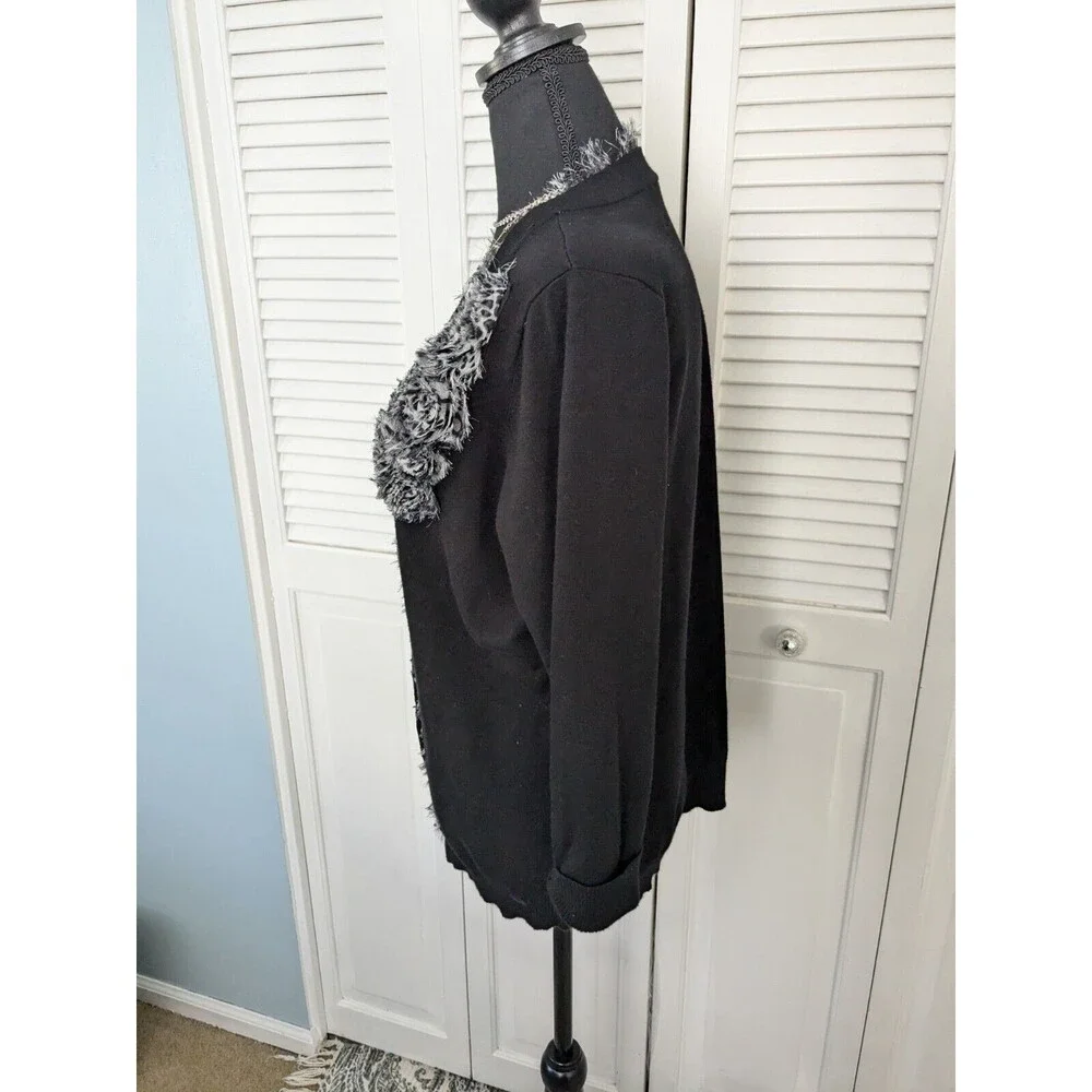 RED Brand Sweater Women's 2X Black V Neck Cardigan 3D Flowers Leopard Chiffon